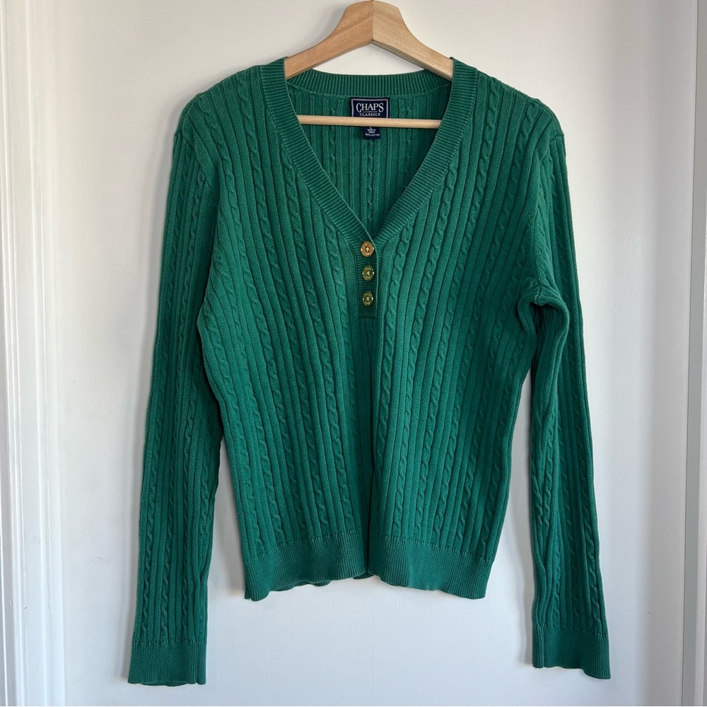 Chaps Green Cable Knit V Neck Gold Button Long Sleeve Cotton Shirt, Size Large